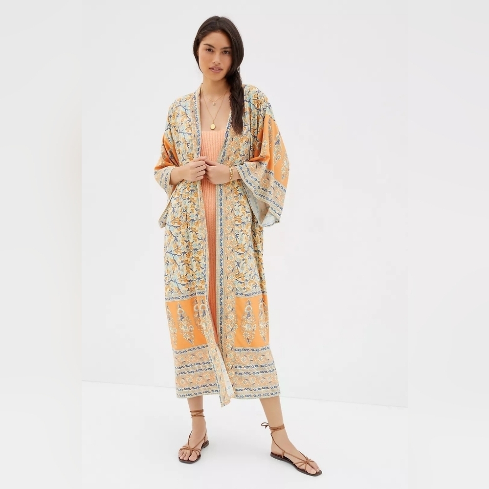 Anthropoligie Orange Floral Paisley Mosaic Duster Kimono